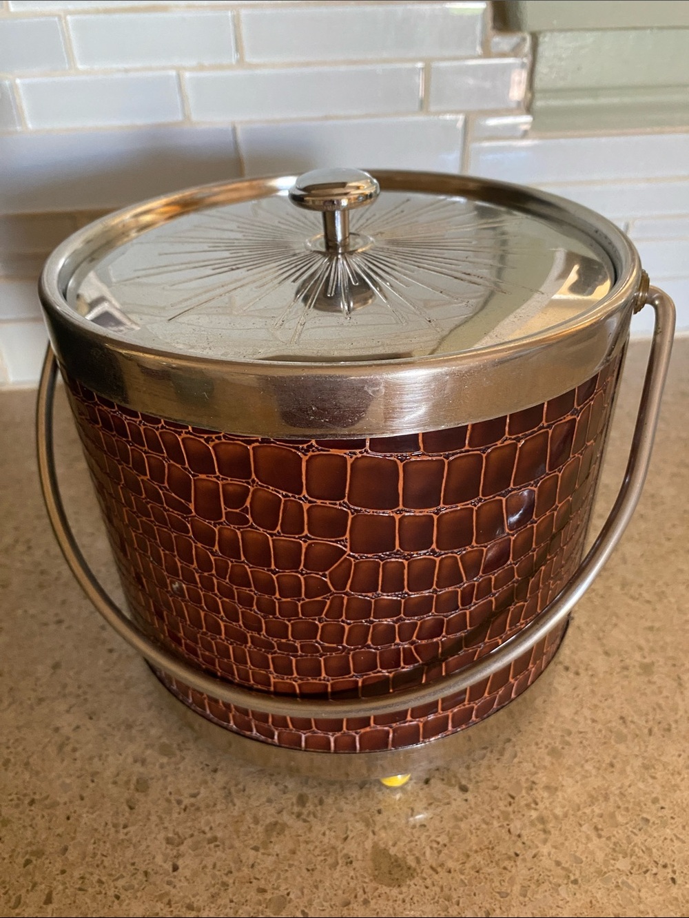 Vintage Brown Croc-Embossed Ice Bucket with Silver Tone Trim